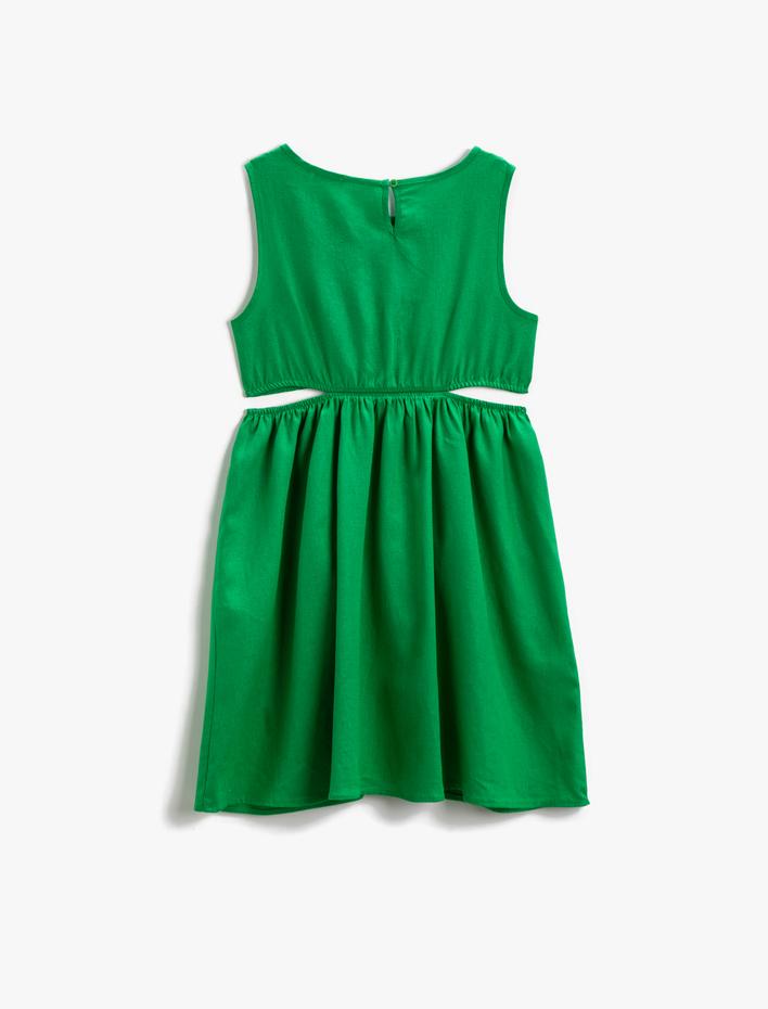 Kız Çocuk Midi Elbise Pencere Detaylı Kolsuz Keten Karışımlı