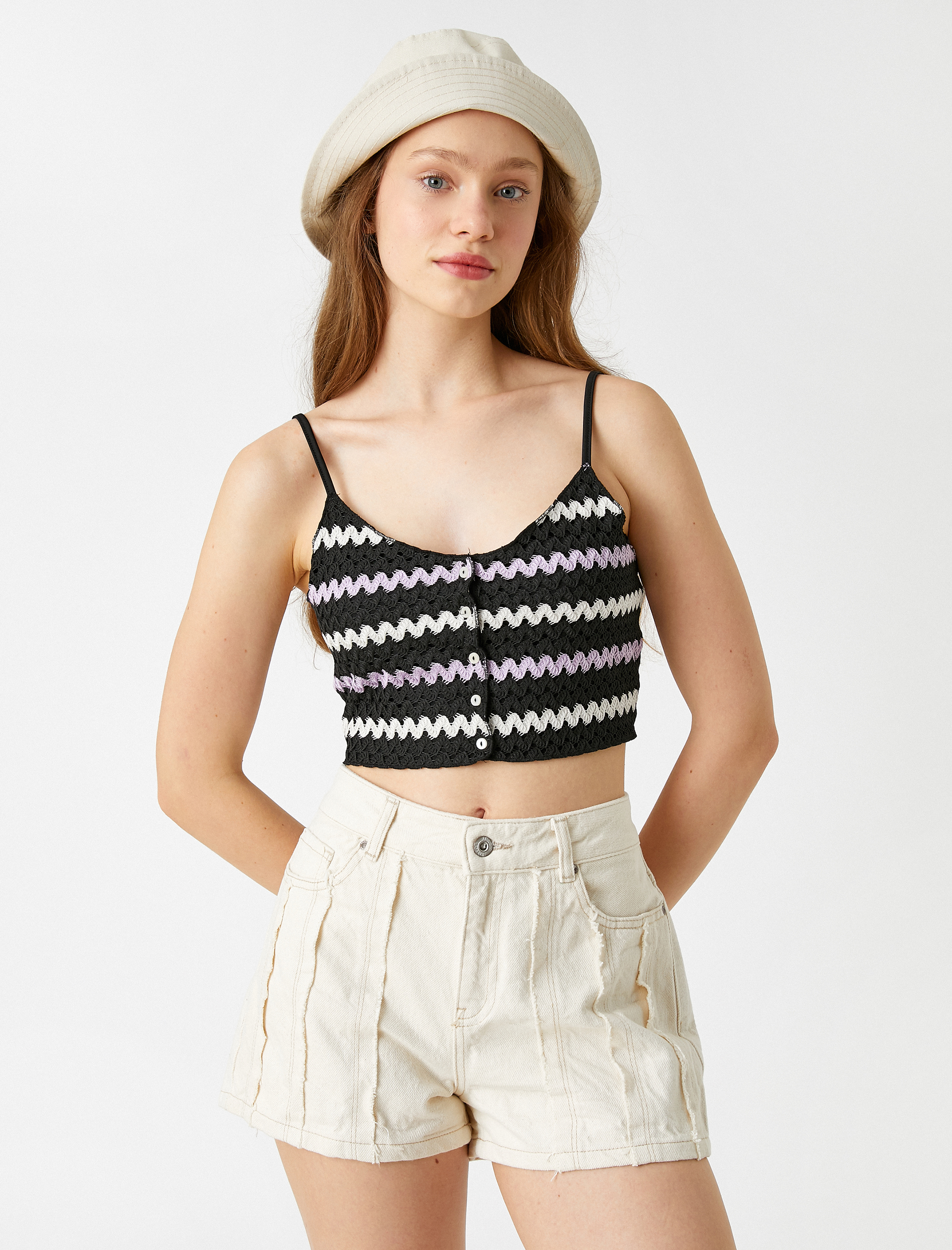   Crop Büstiyer Düğmeli Çizgili İnce Askılı