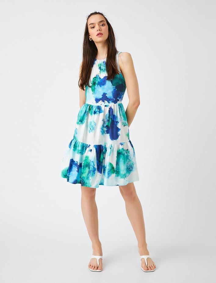  Mini Viskon Elbise Fırfırlı Halter Yaka Kolsuz