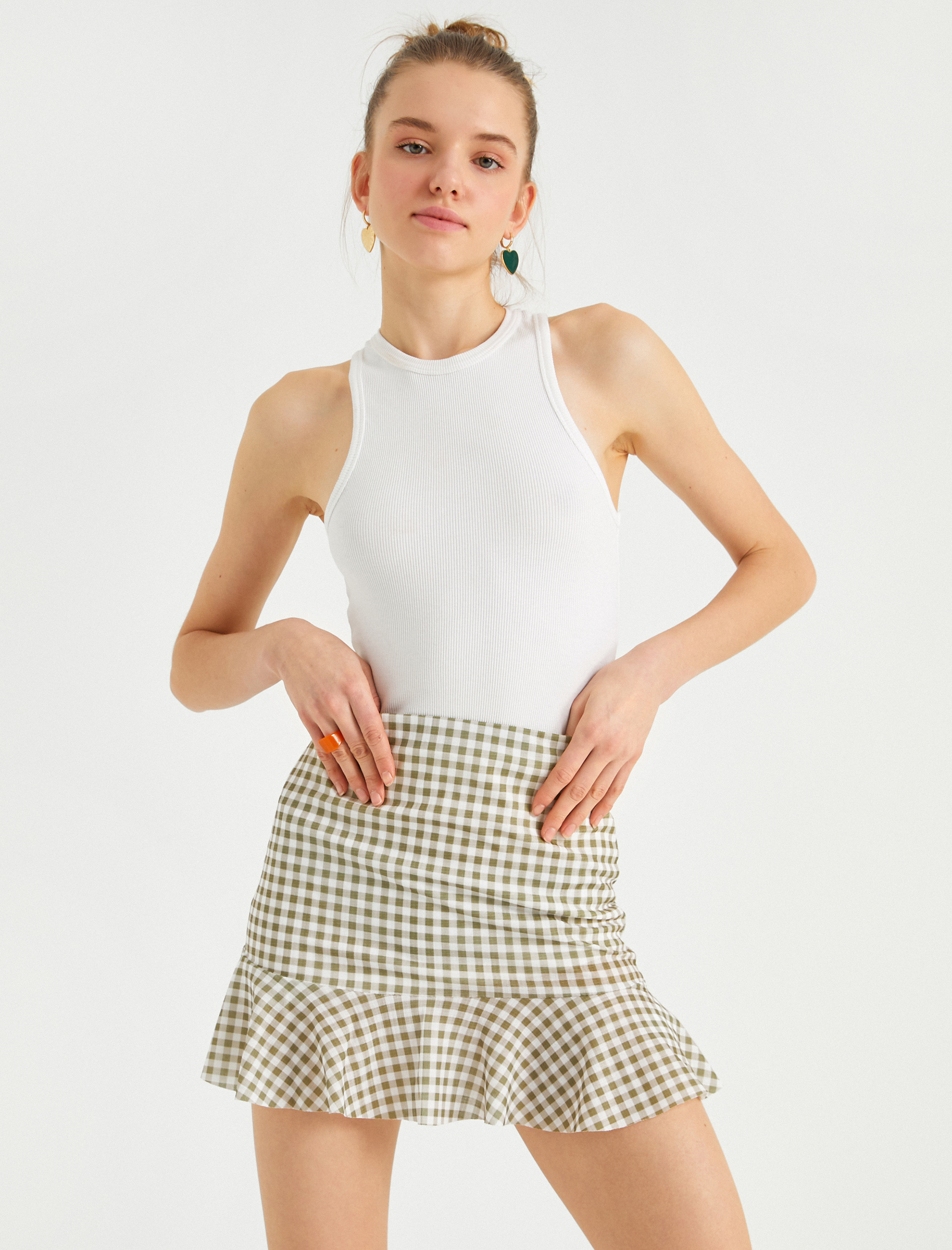   Yüksek Bel Volanlı Etek