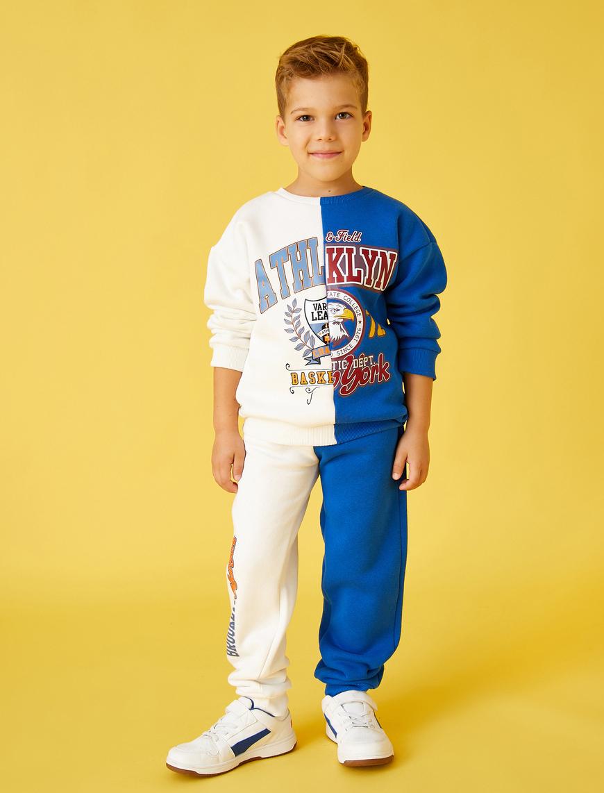  Erkek Çocuk Kolej Baskılı Şardonlu Sweatshirt Bisiklet Yaka
