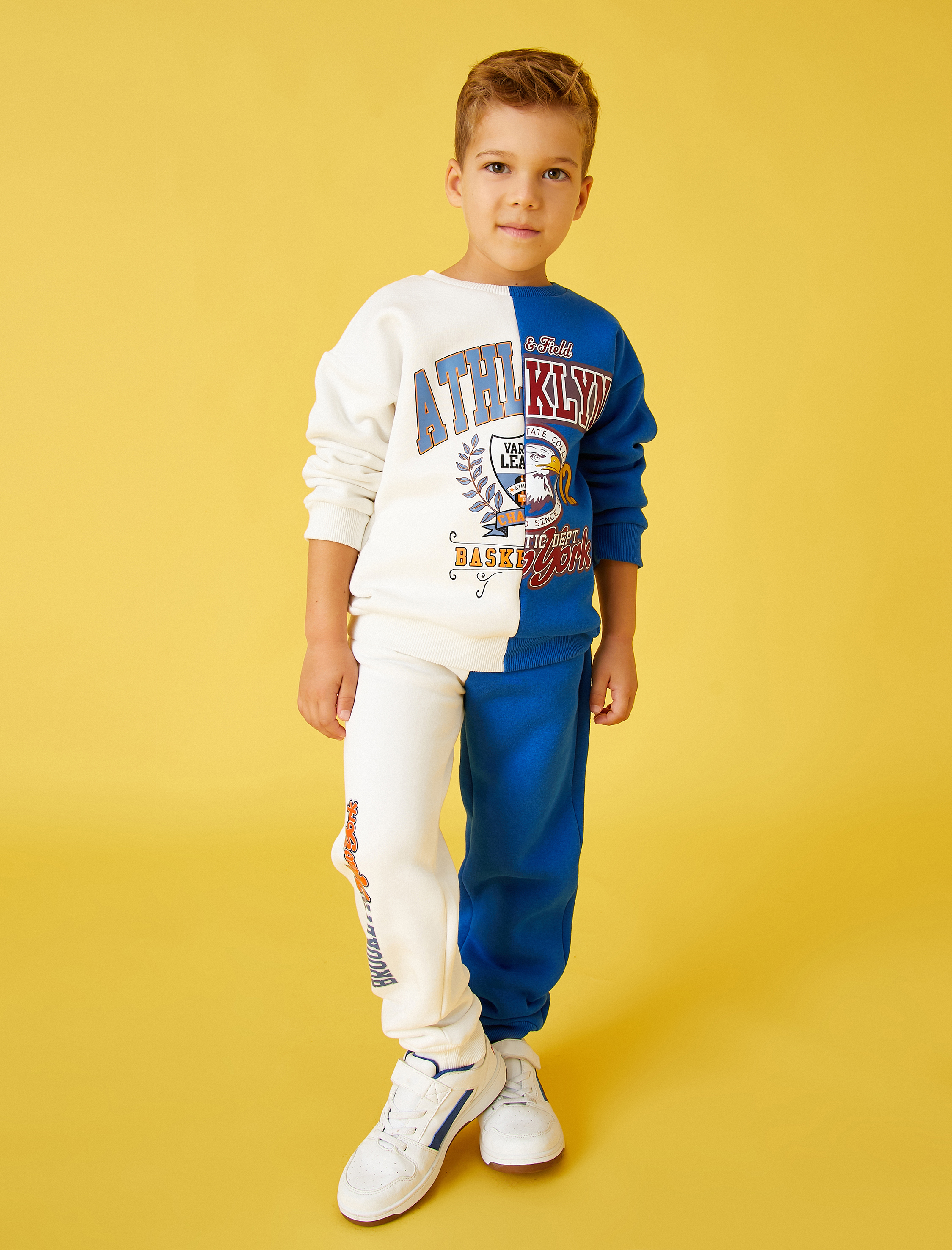  Erkek Çocuk Kolej Baskılı Şardonlu Sweatshirt Bisiklet Yaka