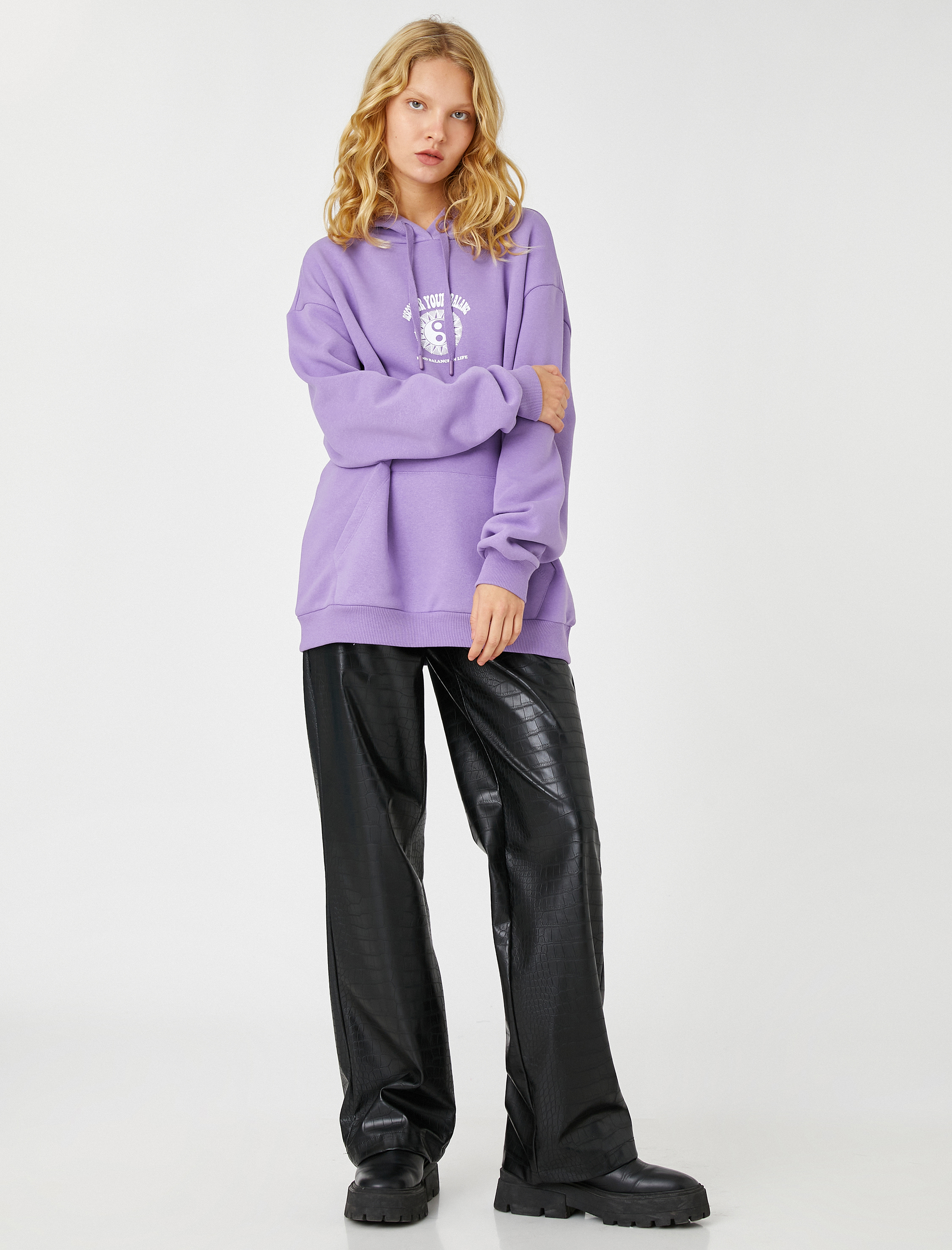   Şardonlu Oversize Sweatshirt Kapüşonlu Baskılı