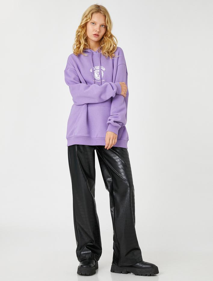  Şardonlu Oversize Sweatshirt Kapüşonlu Baskılı