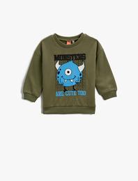 Canavar Baskılı Sweatshirt Uzun Kollu Bisiklet Yaka