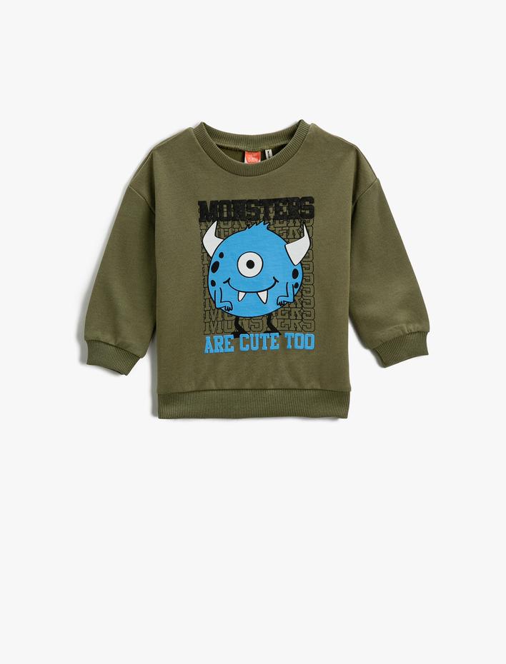 Erkek Bebek Canavar Baskılı Sweatshirt Uzun Kollu Bisiklet Yaka
