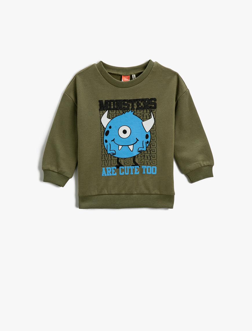  Erkek Bebek Canavar Baskılı Sweatshirt Uzun Kollu Bisiklet Yaka