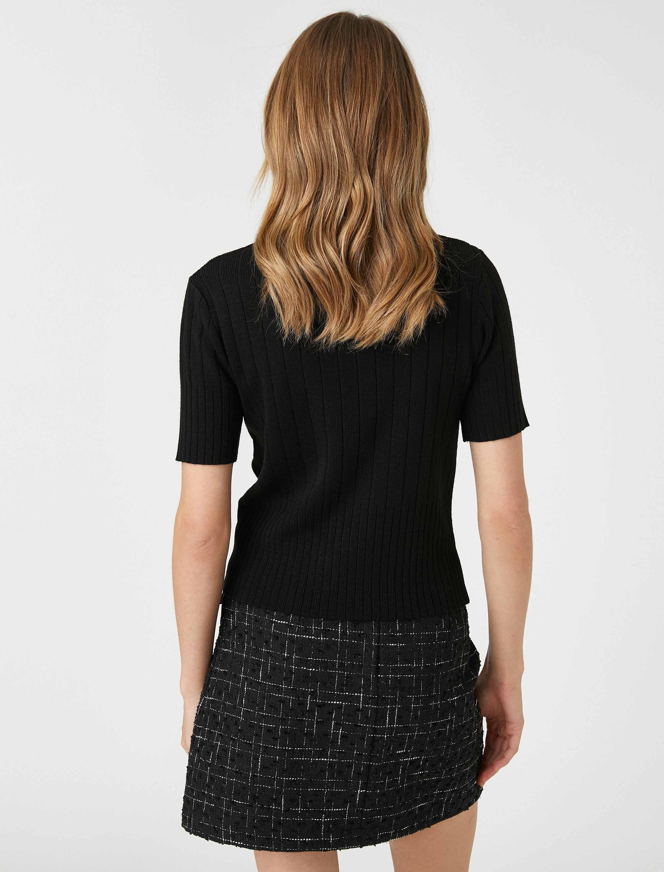   Ribanalı Triko Kazak Kısa Kollu Dik Yaka