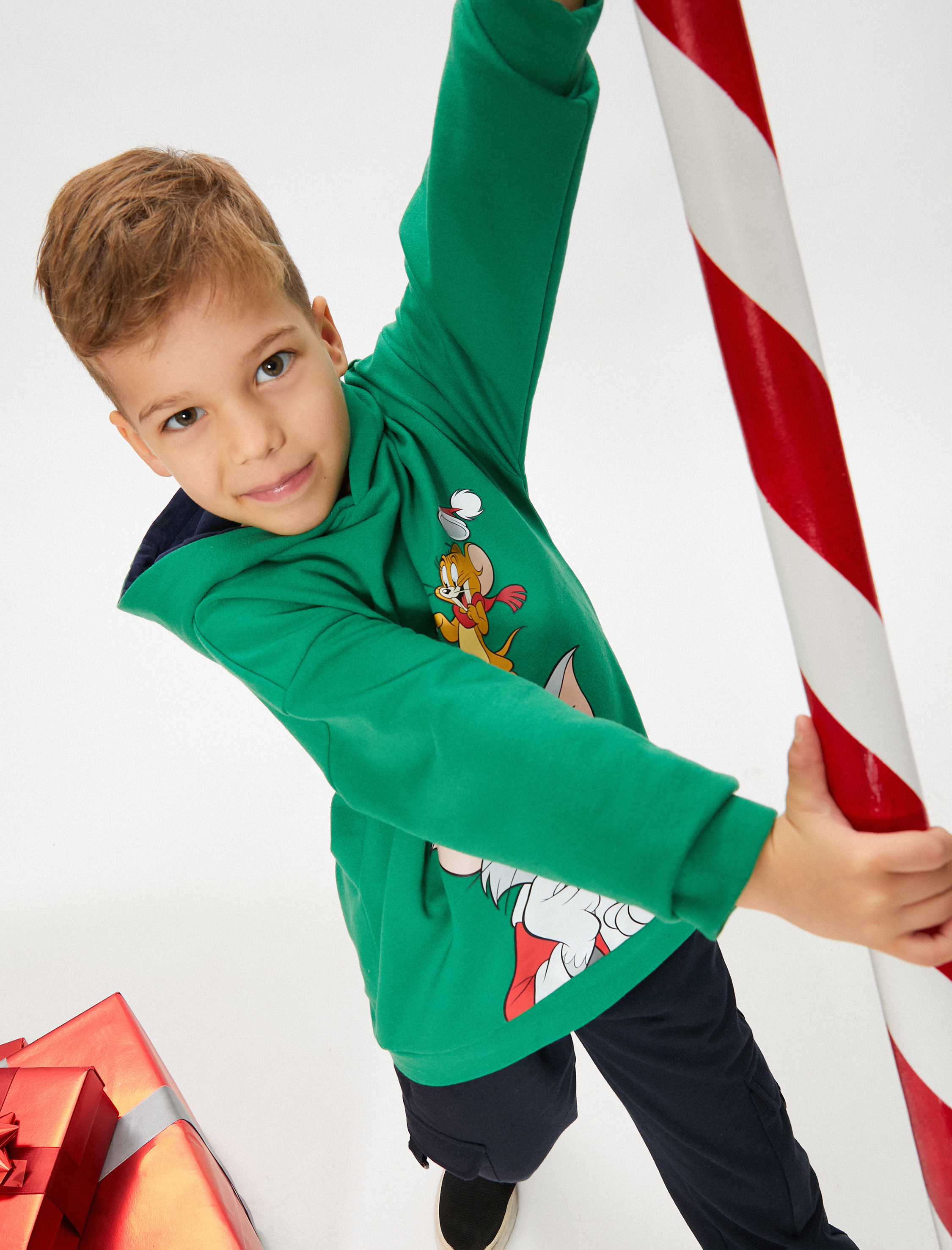  Erkek Çocuk Kapşonlu Sweatshirt Tom ve Jerry Baskılı Lisanslı Uzun Kollu