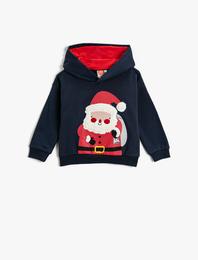 Kapşonlu Sweatshirt Yılbaşı Temalı Noel Baba Baskılı Peluş Aplike Detaylı Şardonlu