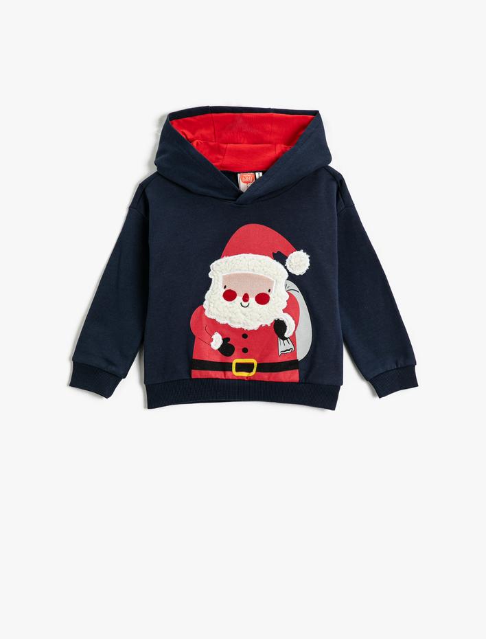 Erkek Bebek Kapşonlu Sweatshirt Yılbaşı Temalı Noel Baba Baskılı Peluş Aplike Detaylı Şardonlu