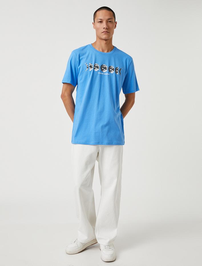  Uzay Baskılı Tişört Bisiklet Yaka Slogan Detaylı Pamuklu