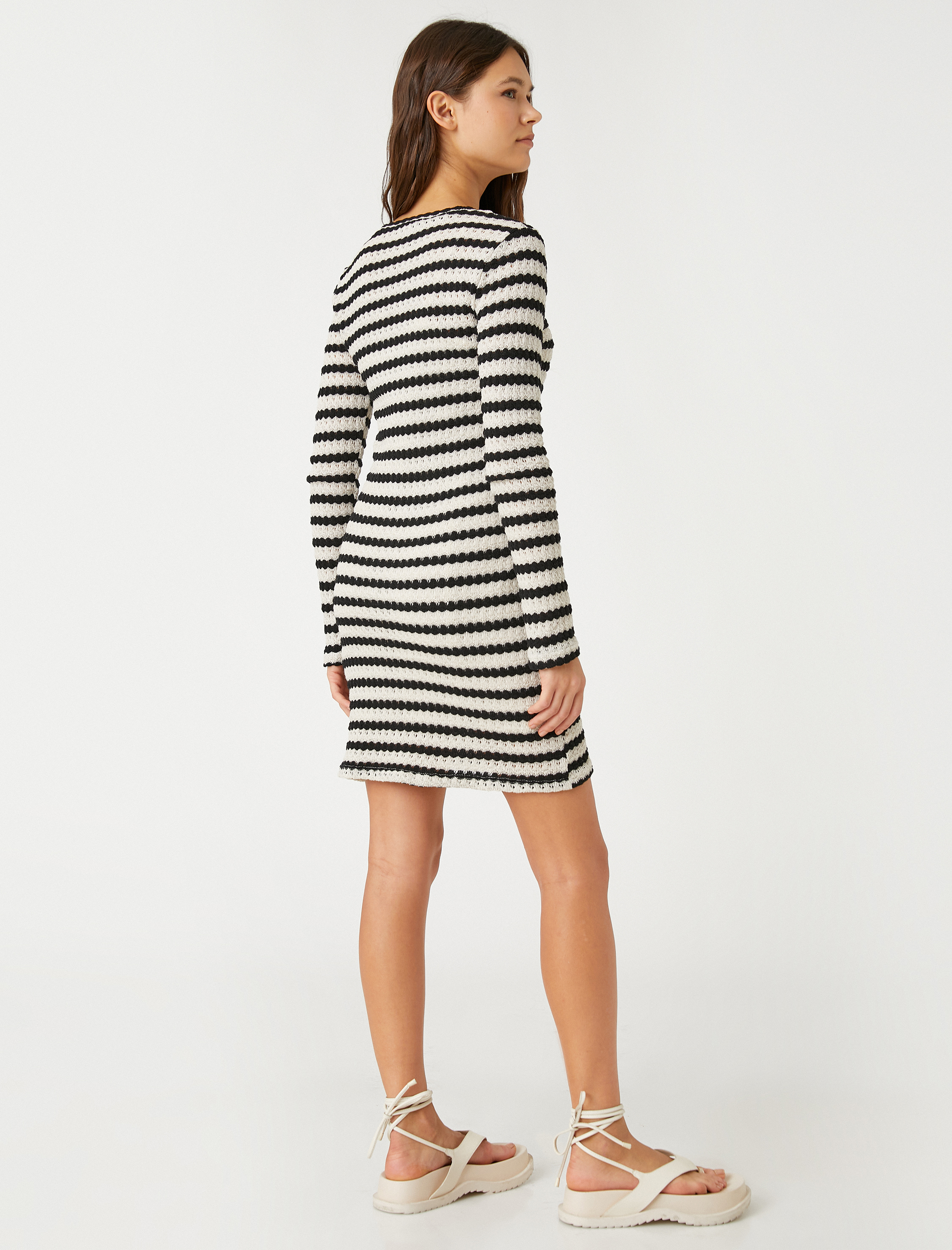   Triko Kalem Elbise Bisiklet Yaka Uzun Kollu Desenli