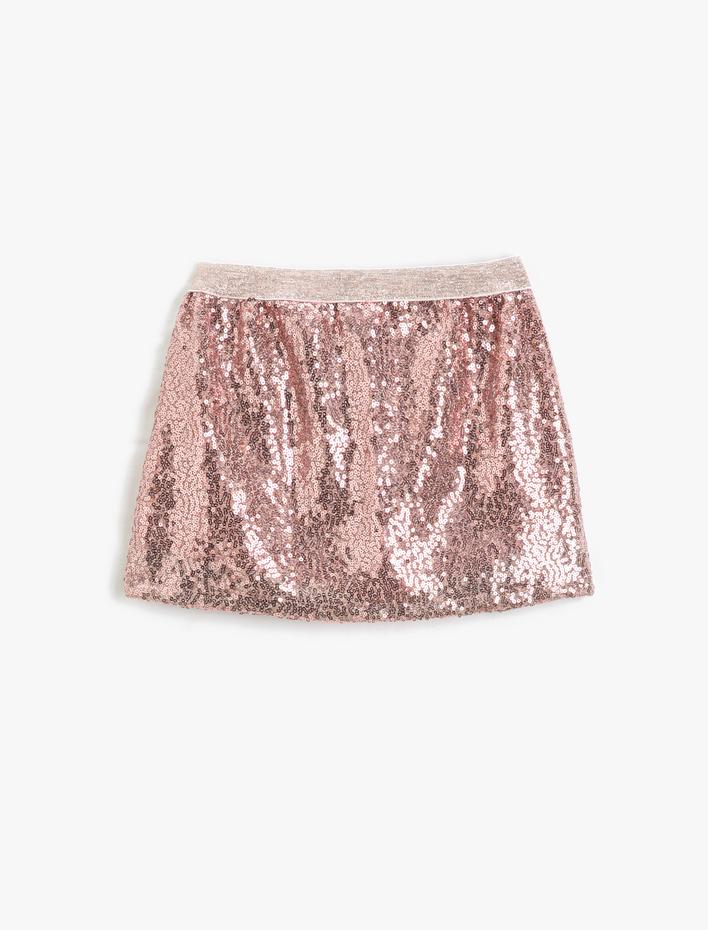 Kız Çocuk Mini Etek Pul-Payet İşlemeli Şort Astarlı Yırtmaç Detaylı