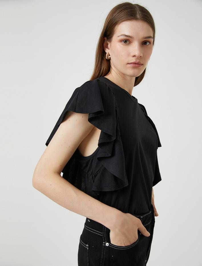  Kolları Volanlı Tişört Bisiklet Yaka