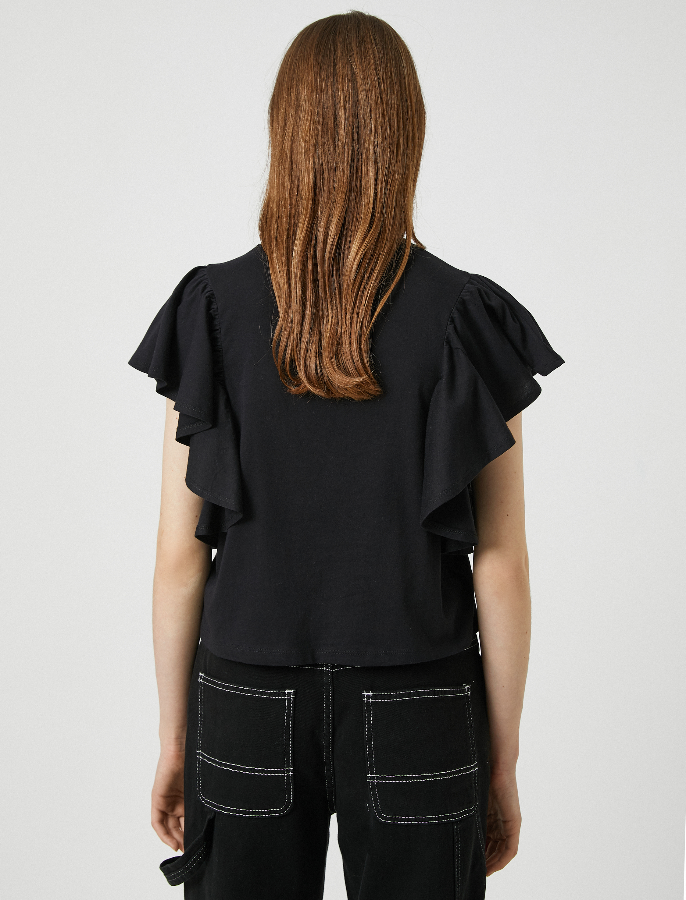   Kolları Volanlı Tişört Bisiklet Yaka