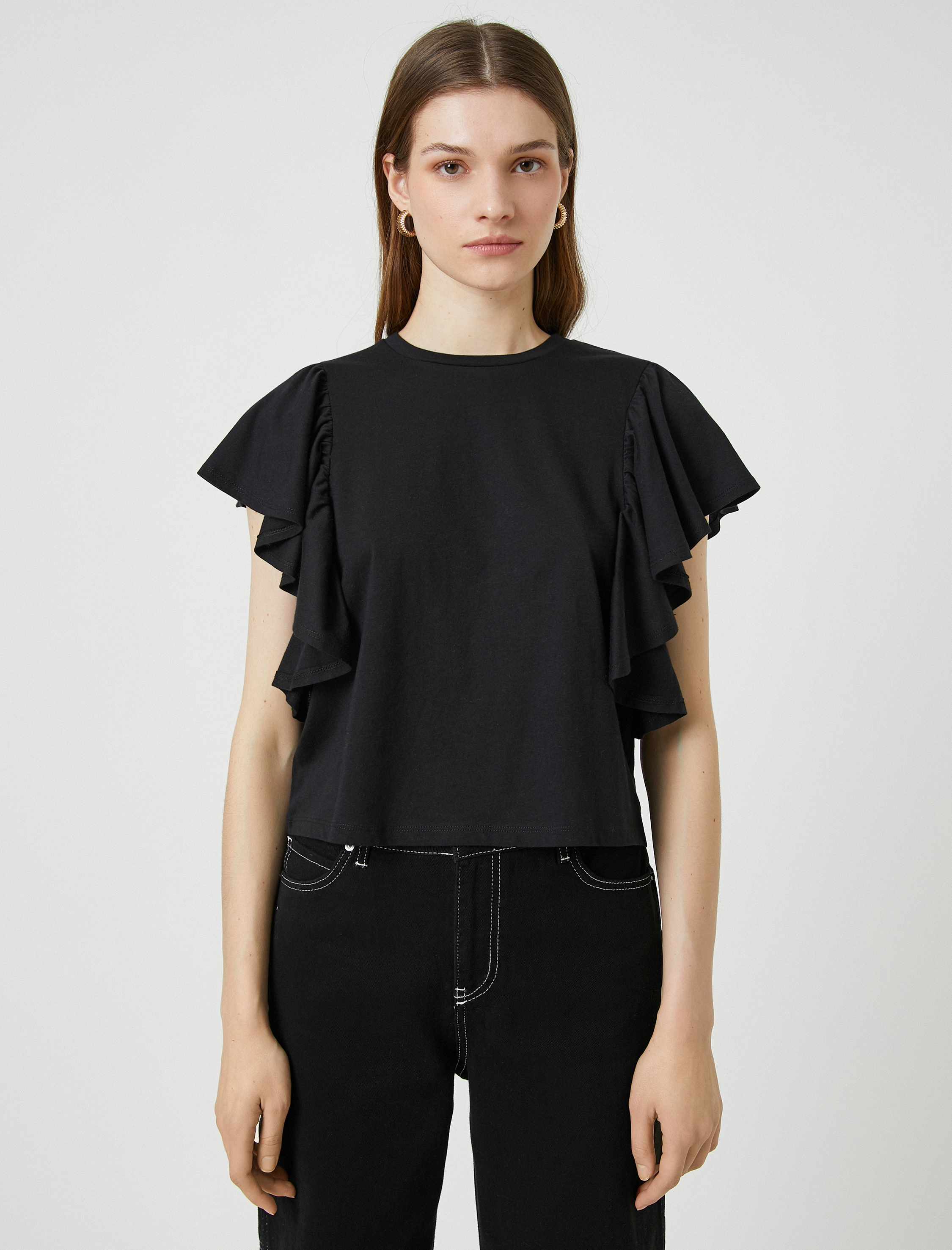   Kolları Volanlı Tişört Bisiklet Yaka