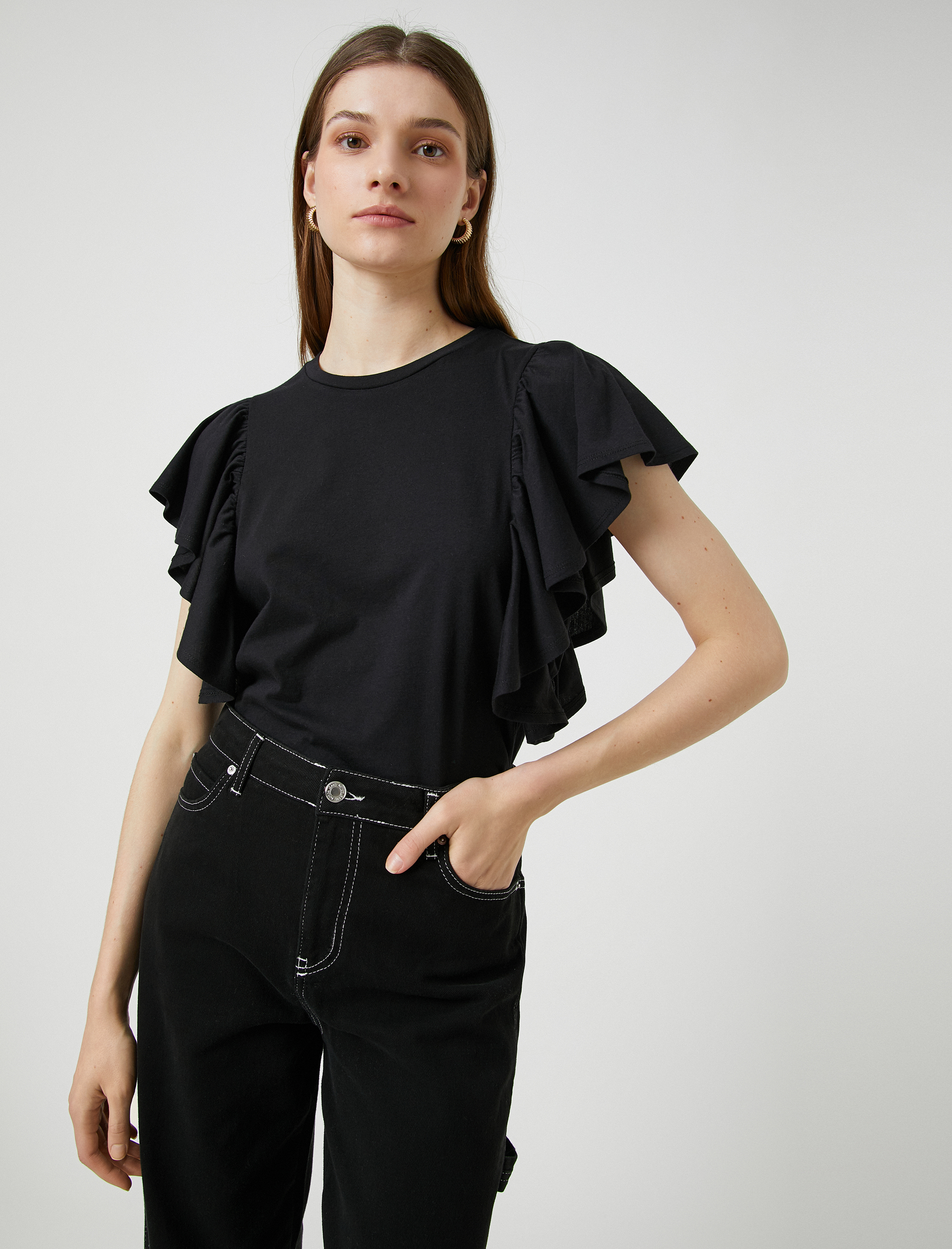   Kolları Volanlı Tişört Bisiklet Yaka