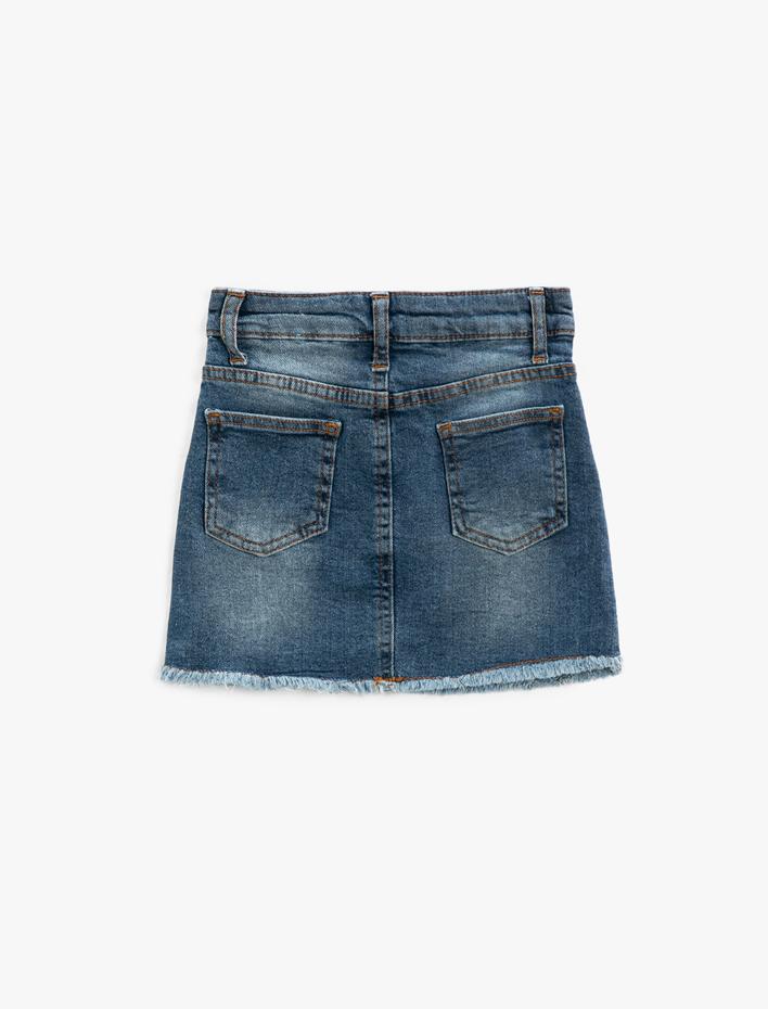 Kız Çocuk Mini Kot Etek Cepli Etek Ucu Püsküllü Düğme Kapamalı Beli Ayarlanabilir Lastikli