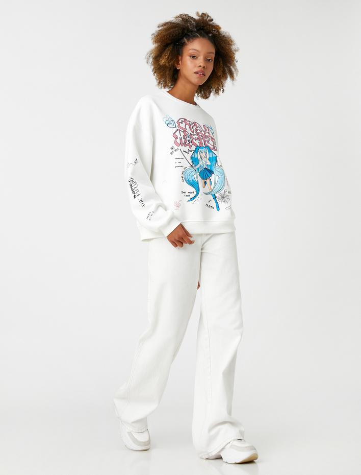  Şardonlu Anime Sweatshirt Bisiklet Yaka Uzun Kollu Rahat Kesim