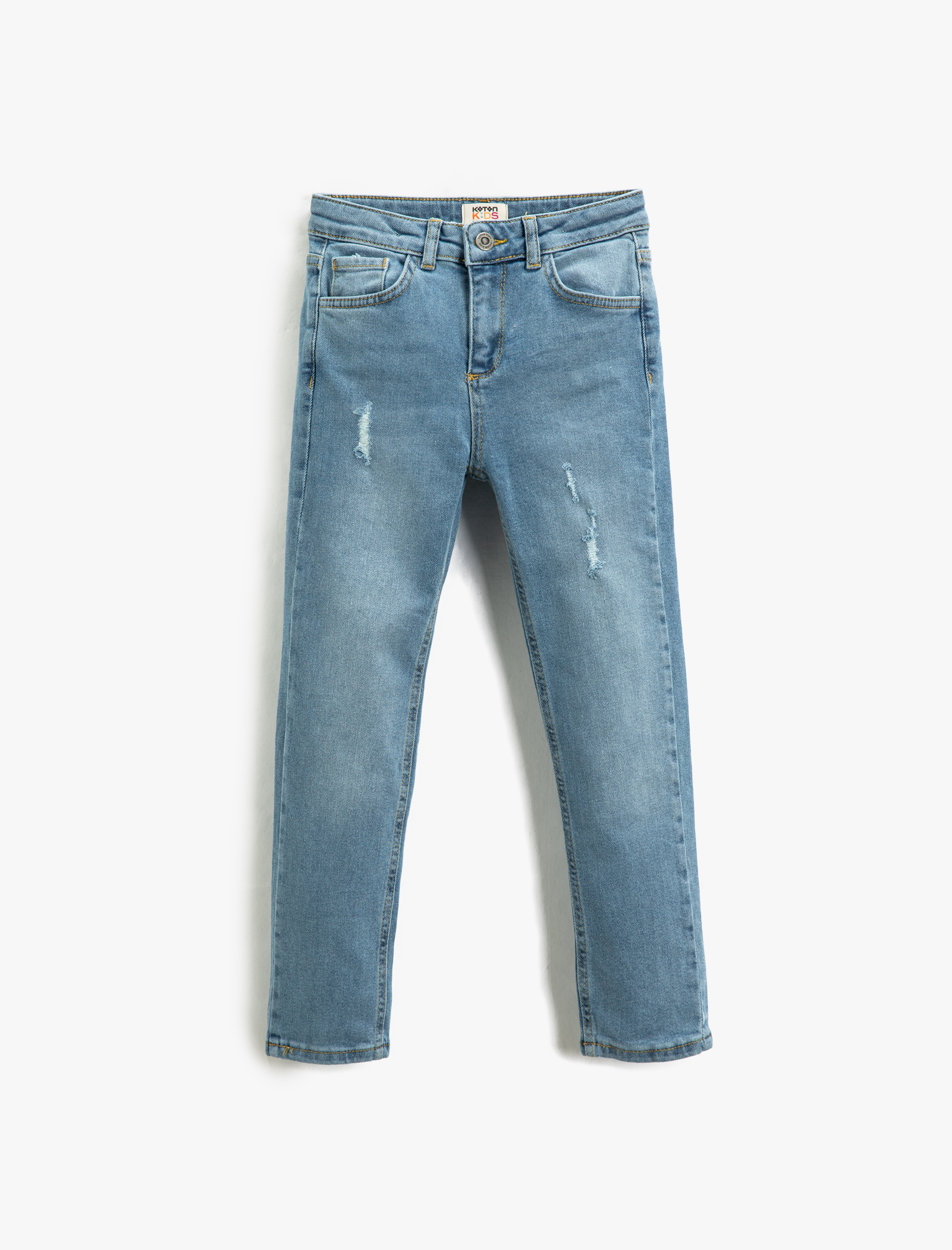  Erkek Çocuk Kot Pantolon Yıpratılmış Detaylı Pamuklu Cepli - Slim Jean  Beli Ayarlanabilir Lastikli