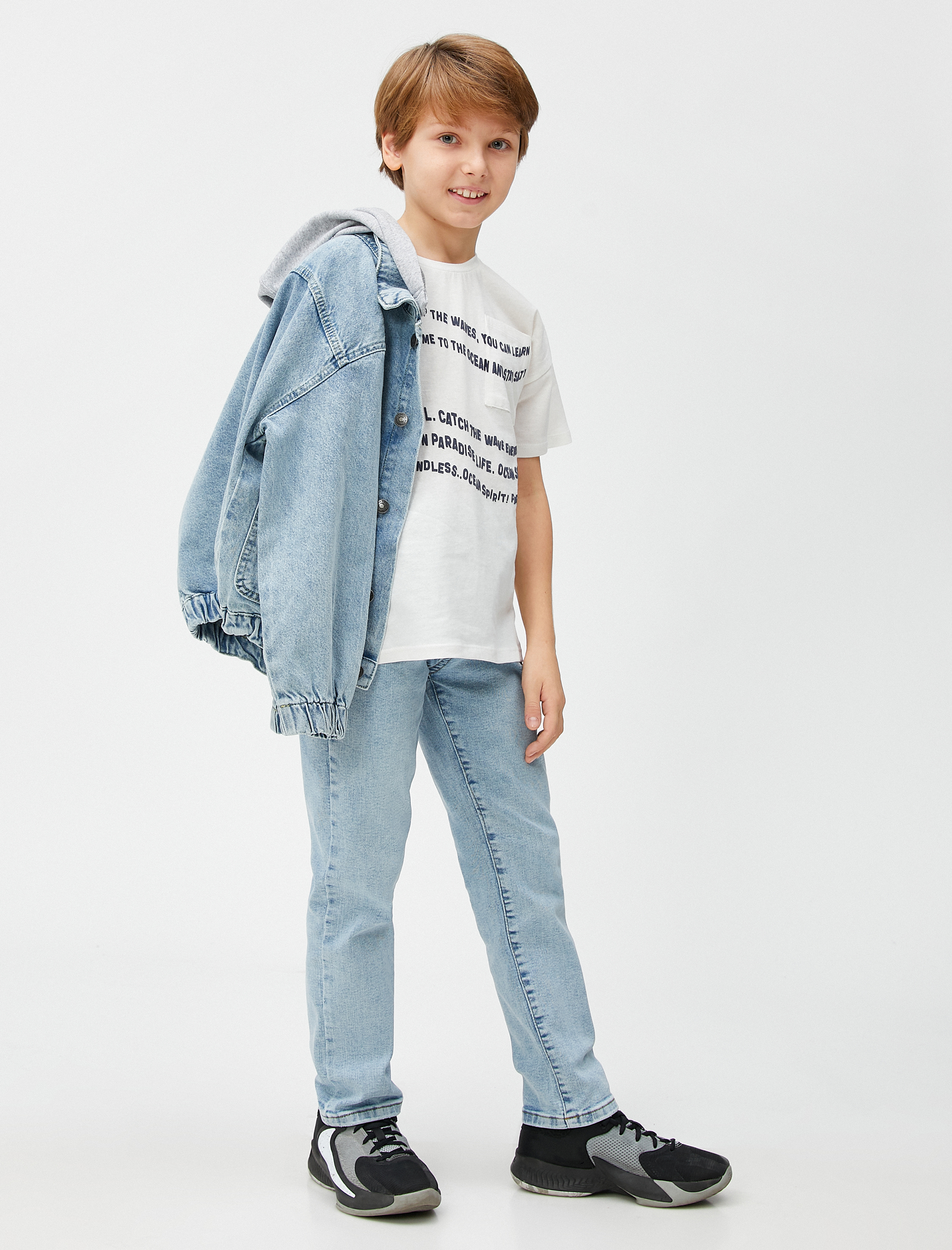  Erkek Çocuk Kot Pantolon Düz Paça Normal Bel Pamuklu - Straight Jean  Beli Ayarlanabilir Lastikli