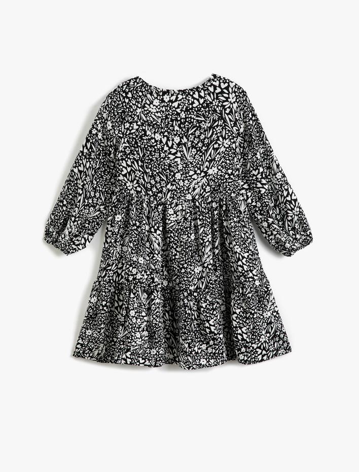 Kız Çocuk Elbise Çiçekli Uzun Kollu Manşetleri Lastikli Yuvarlak Yaka Düğme Detaylı Katlı