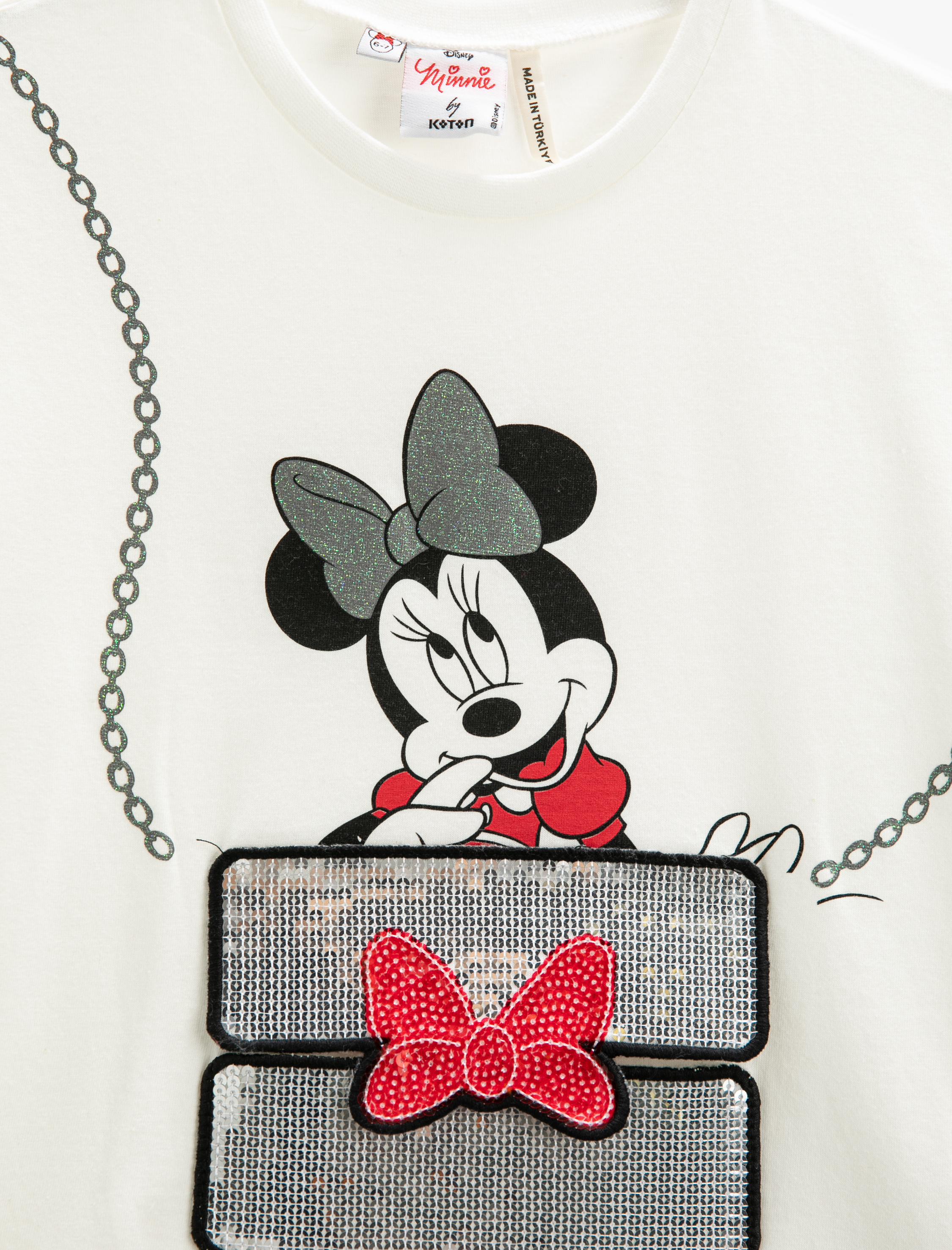 Kız Çocuk Minnie Mouse Tişört Baskılı Lisanslı Pul Payet İşlemeli Kısa Kollu Bisiklet Yaka