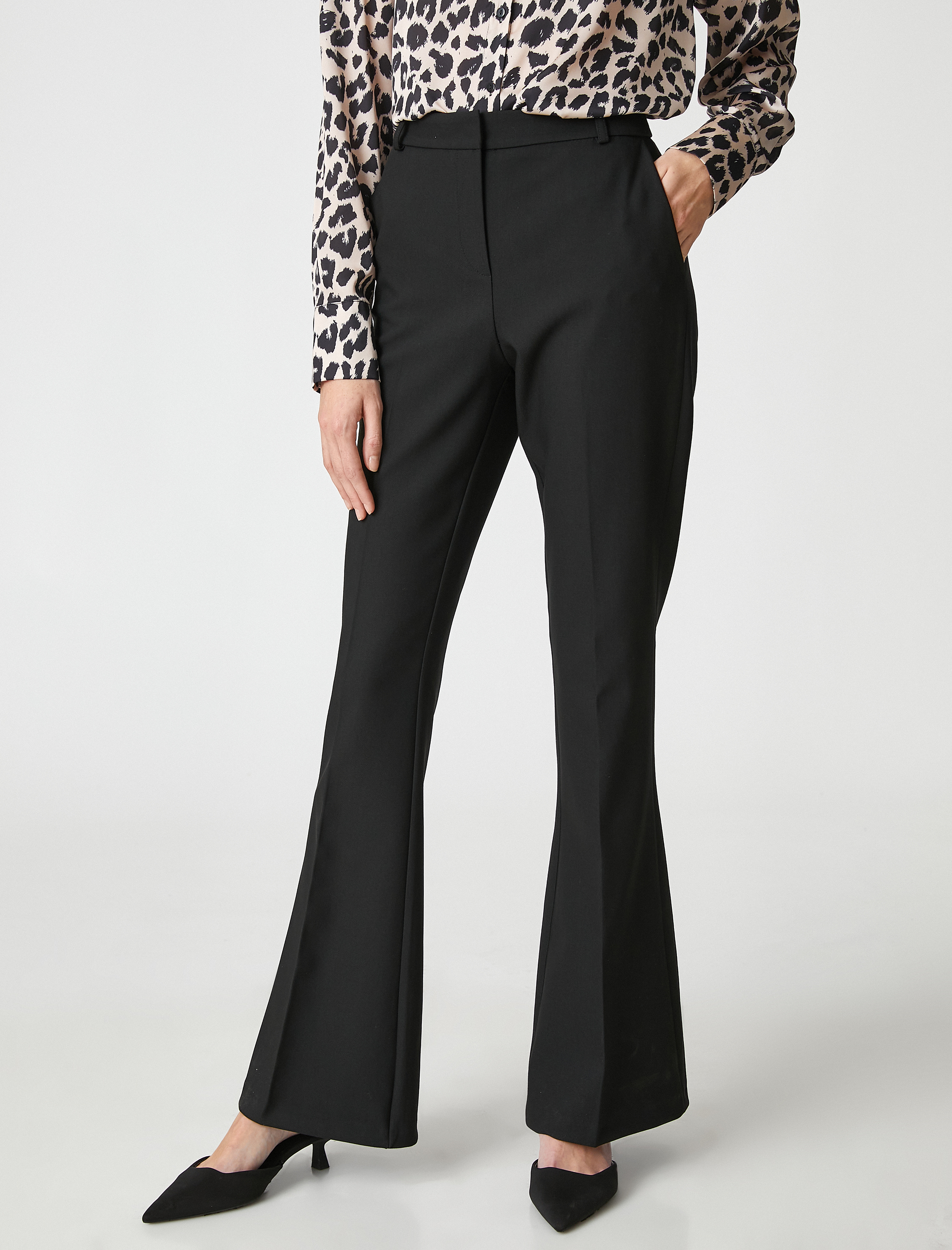   İspanyol Paça Kumaş Pantolon Cepli Yüksek Bel