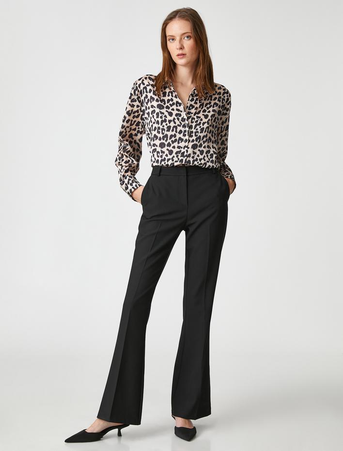  İspanyol Paça Kumaş Pantolon Cepli Yüksek Bel