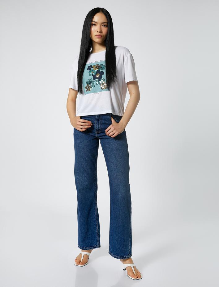  Payetli Baskılı Tişört Bisiklet Yaka Kısa Kollu