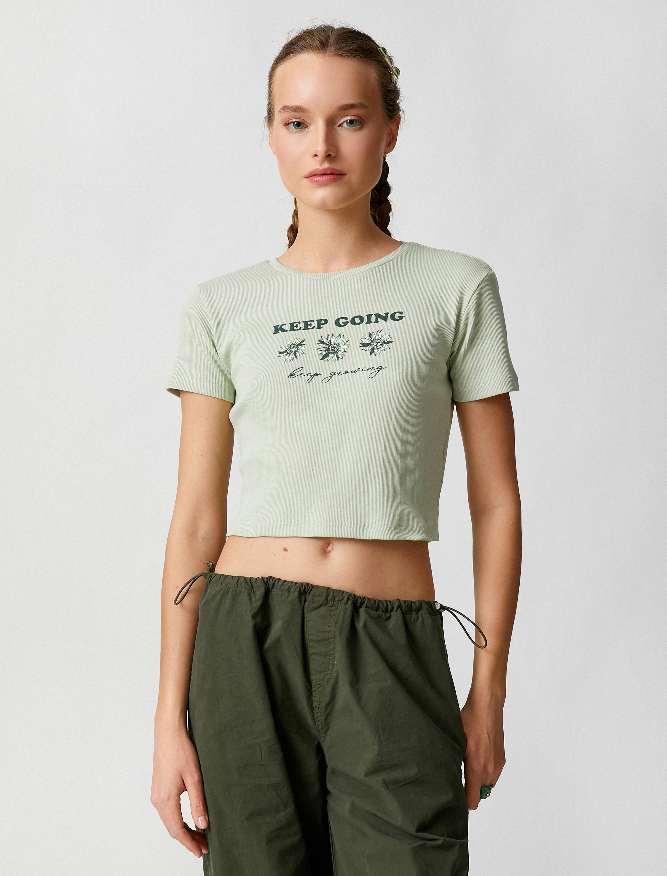   Crop Tişört Baskılı Bisiklet Yaka Kısa Kollu