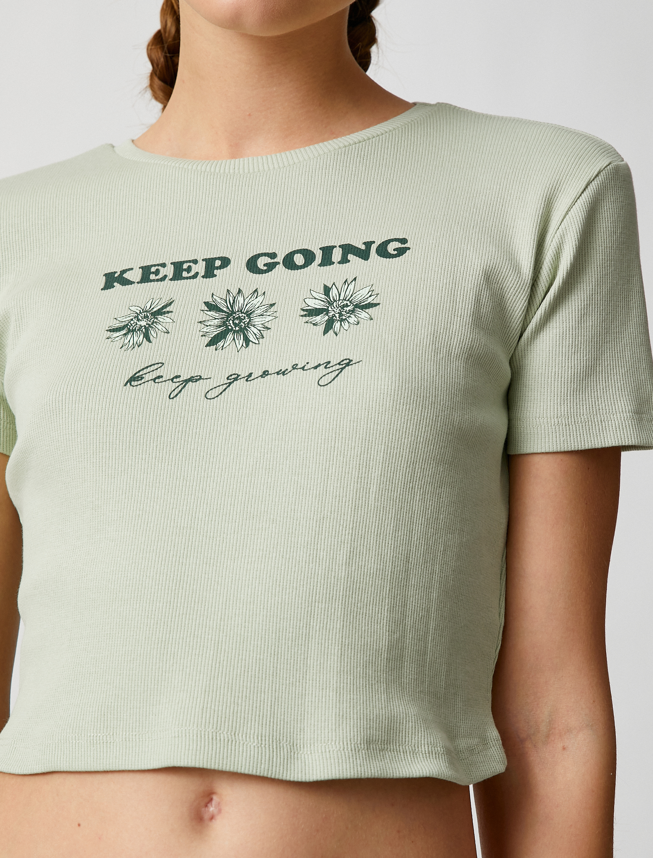   Crop Tişört Baskılı Bisiklet Yaka Kısa Kollu