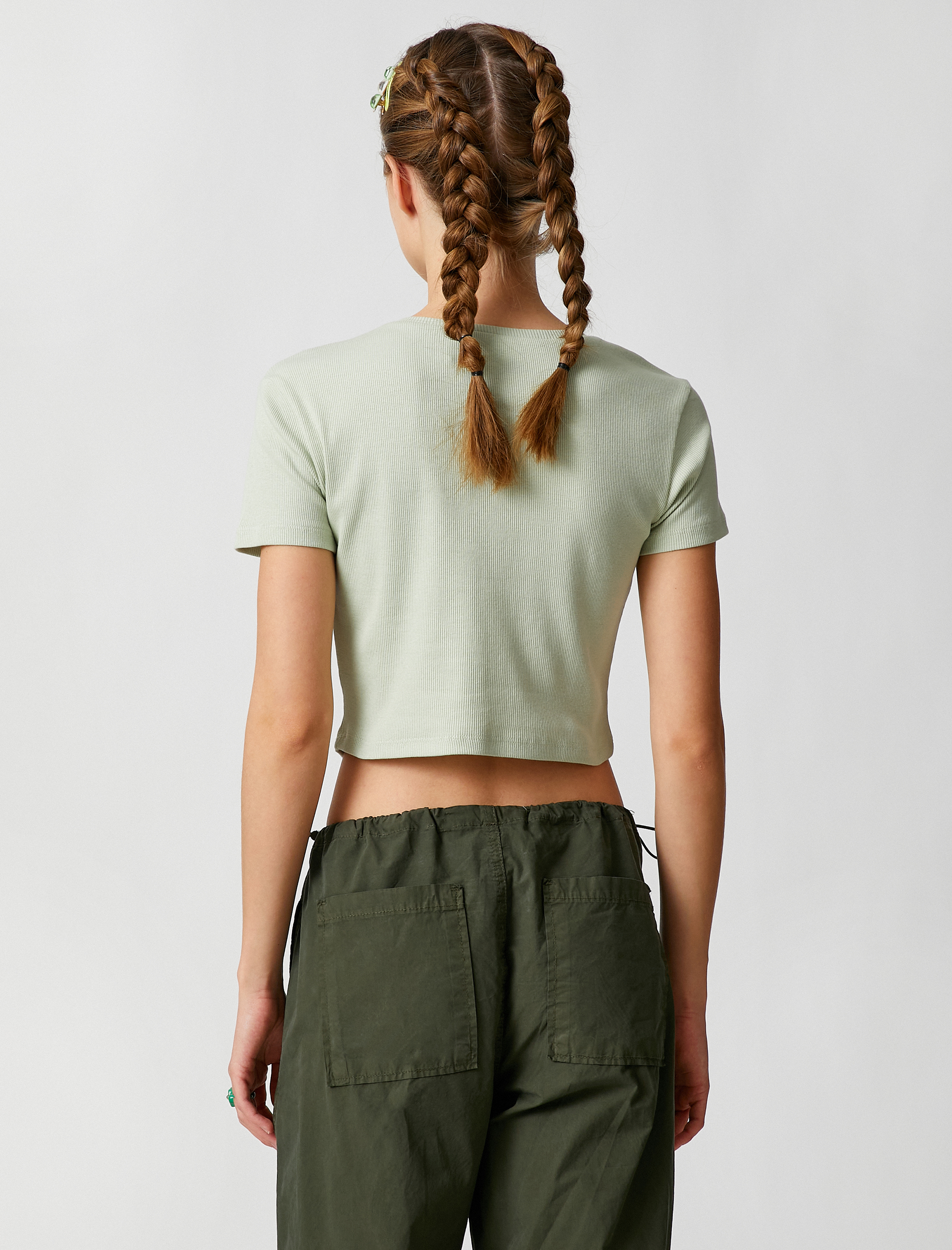   Crop Tişört Baskılı Bisiklet Yaka Kısa Kollu