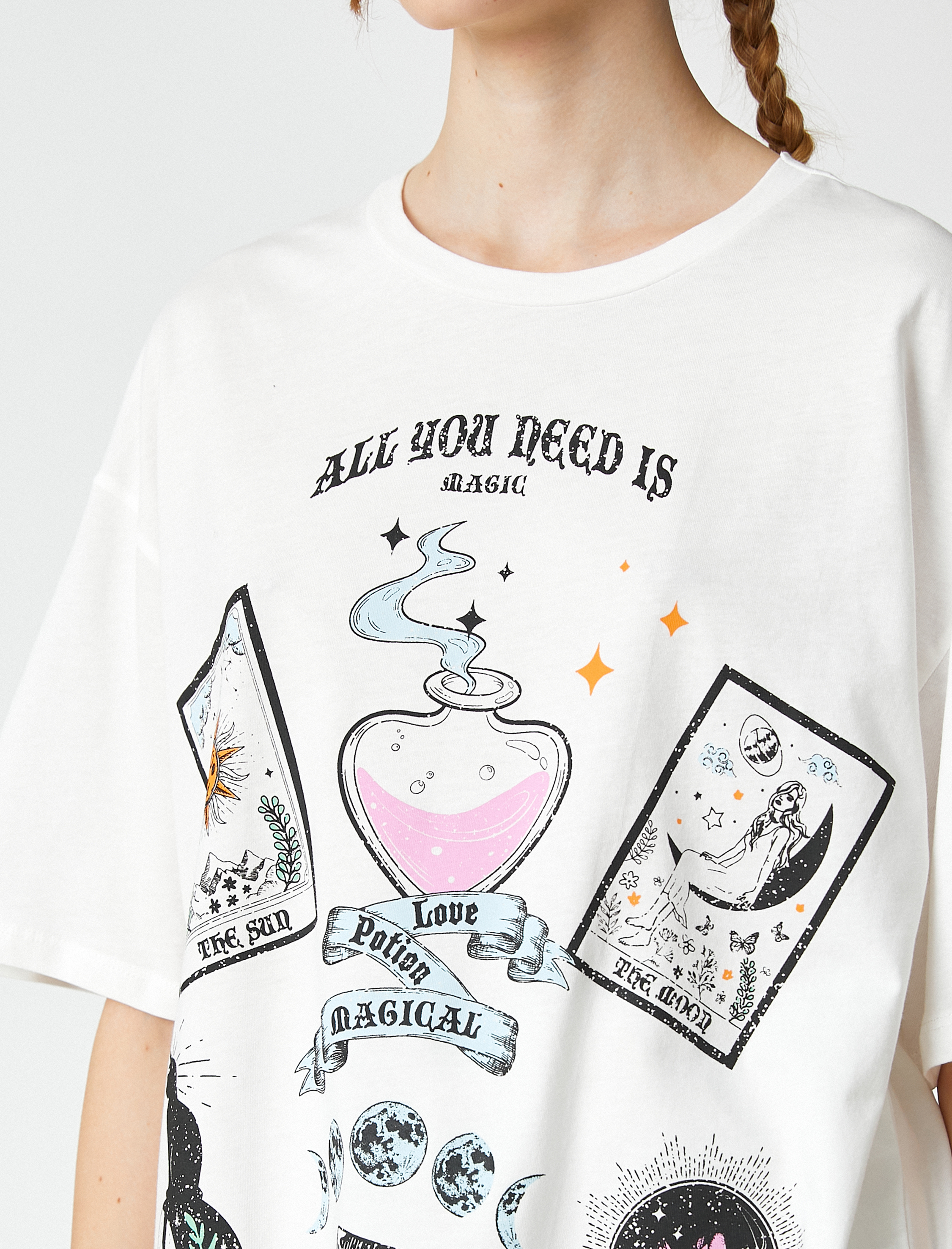   Oversize Tişört Pamuklu Baskılı Bisiklet Yaka Kısa Kollu