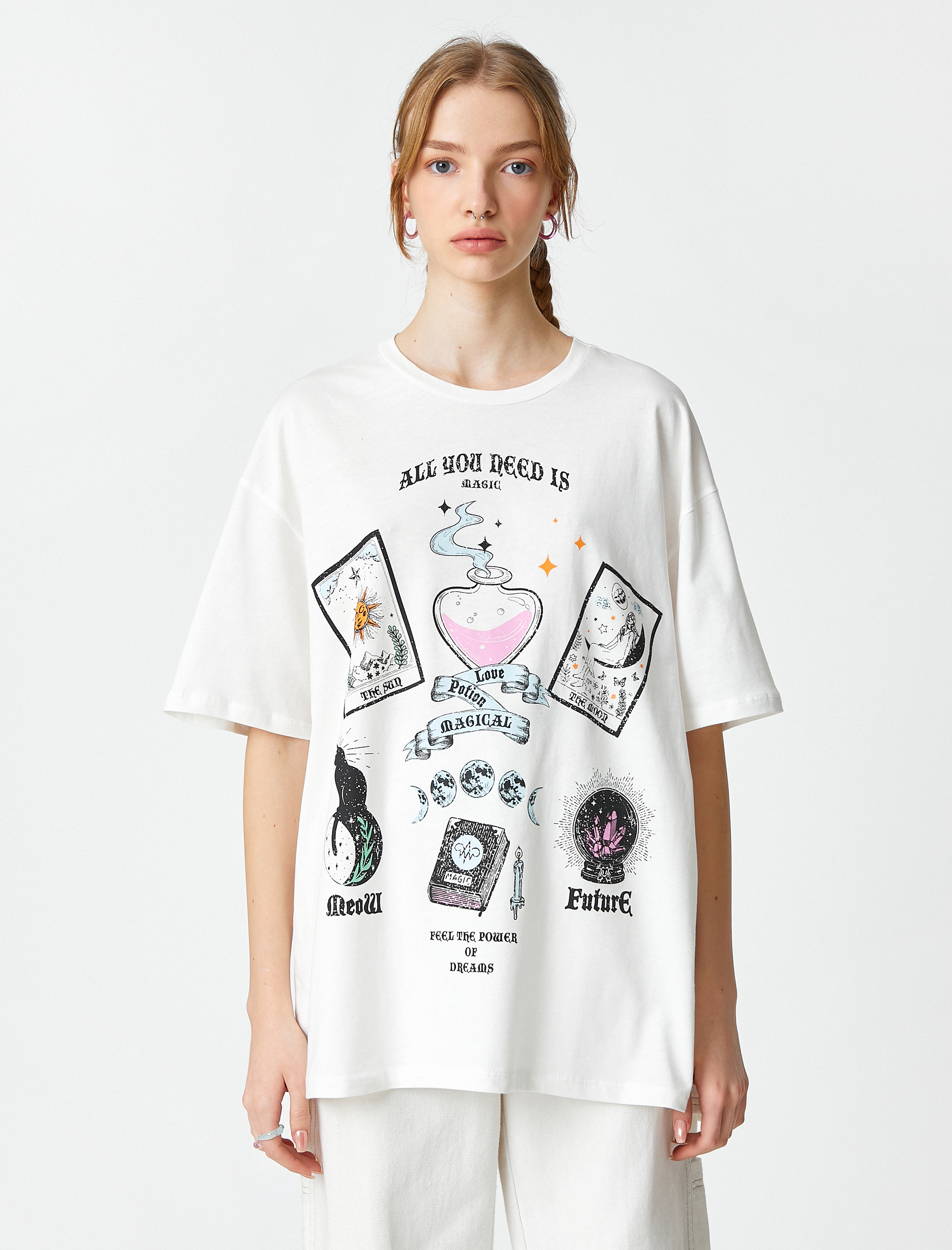   Oversize Tişört Pamuklu Baskılı Bisiklet Yaka Kısa Kollu