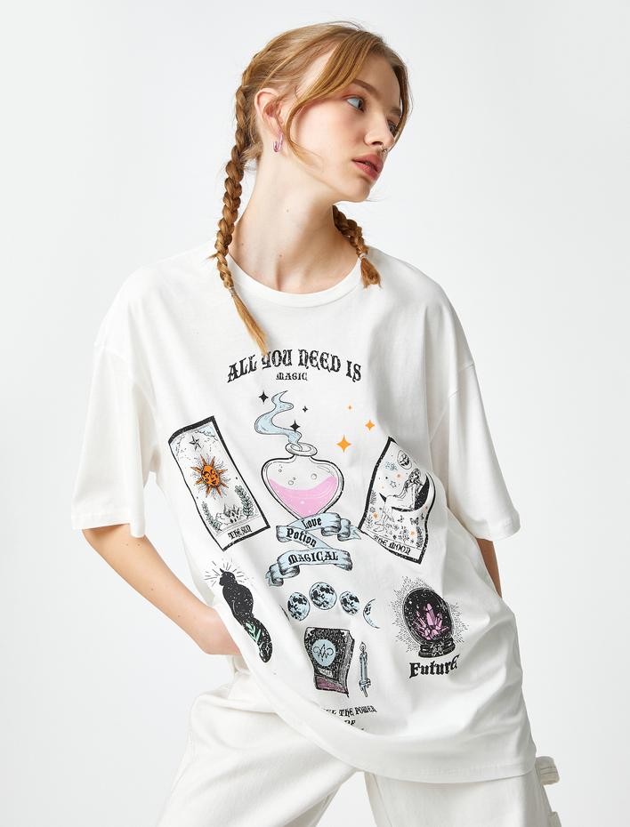  Oversize Tişört Pamuklu Baskılı Bisiklet Yaka Kısa Kollu