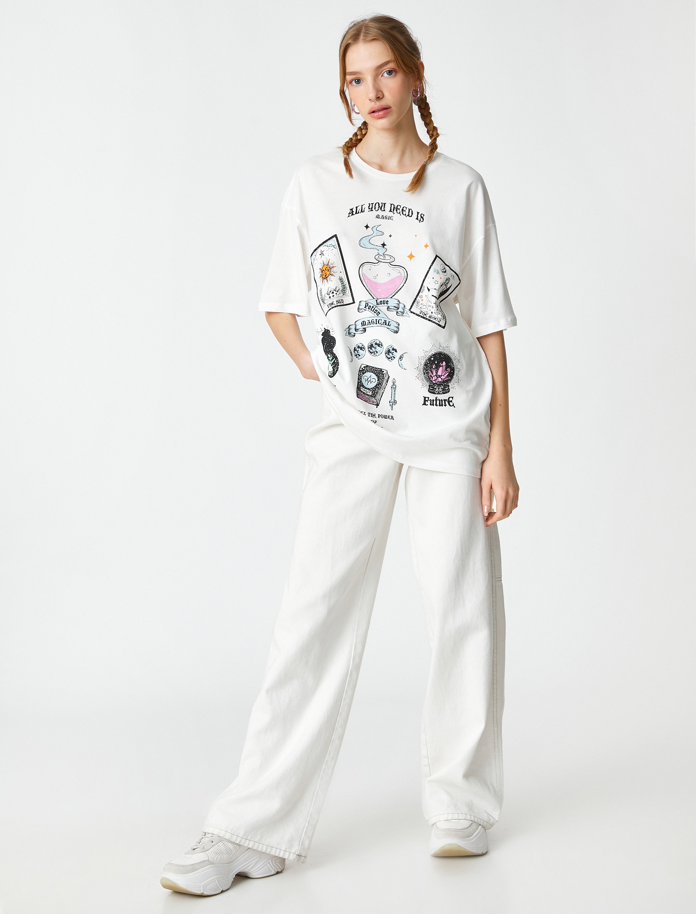   Oversize Tişört Pamuklu Baskılı Bisiklet Yaka Kısa Kollu