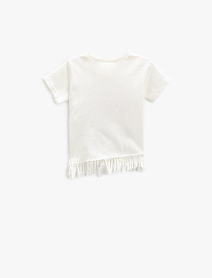 Kız Bebek Flamingo Aplike Detaylı Tişört Püsküllü Kısa Kollu Yuvarlak Yaka