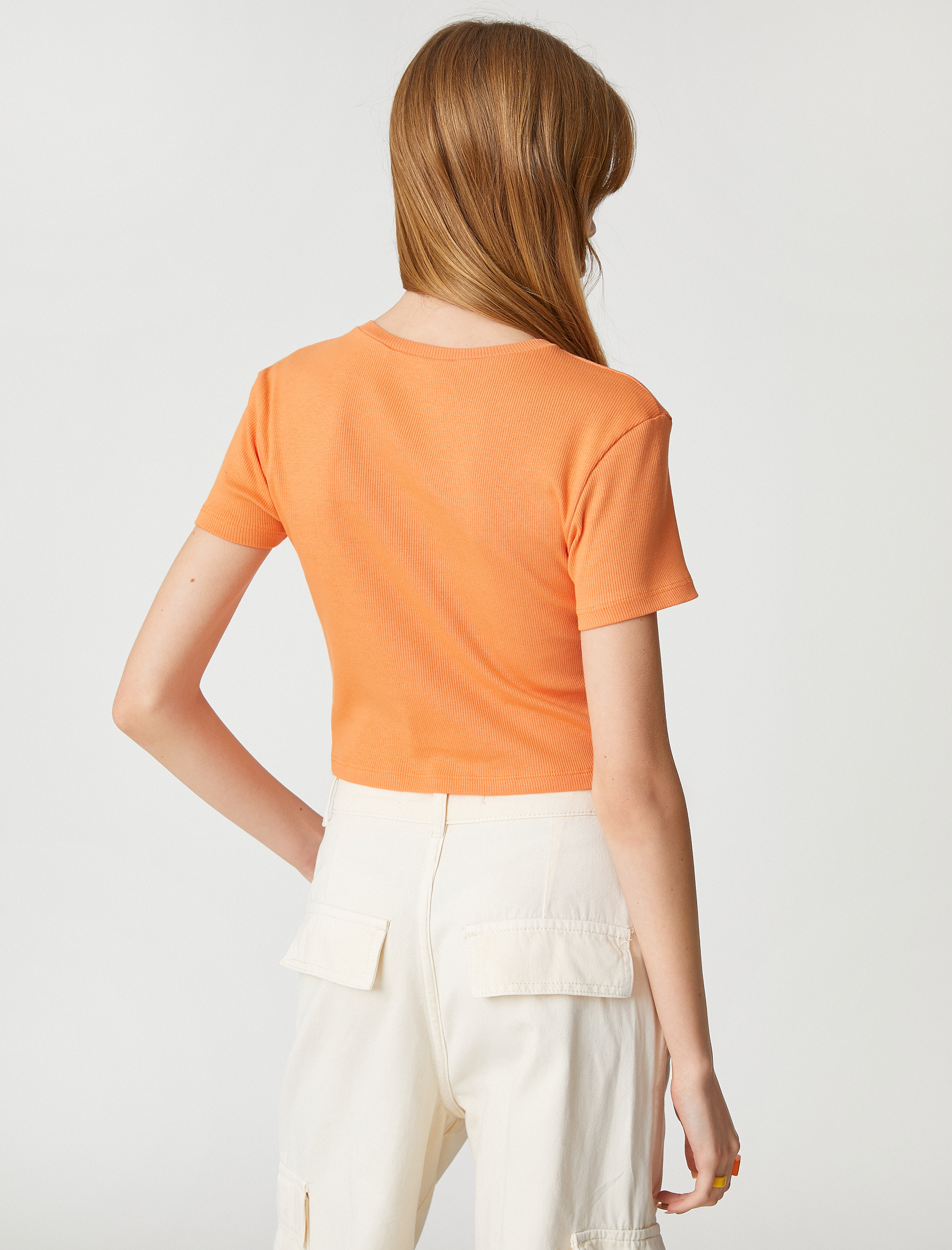   Crop Tişört Baskılı Pamuklu Bisiklet Yaka Kısa Kollu