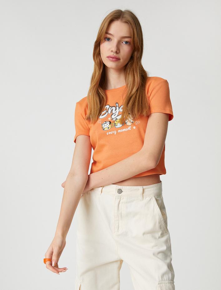  Crop Tişört Baskılı Pamuklu Bisiklet Yaka Kısa Kollu