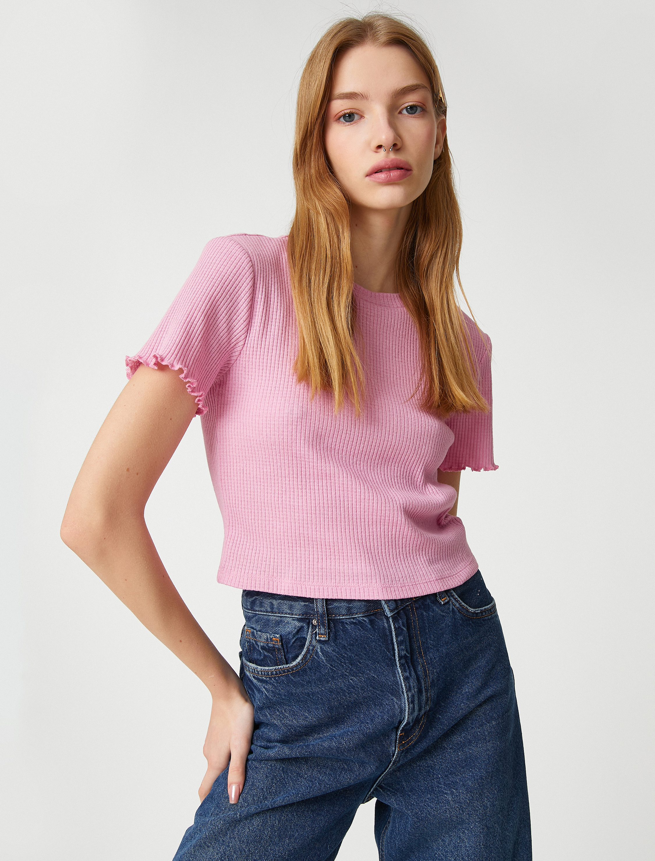   Crop Tişört Kısa Kollu Bisiklet Yaka Dokulu