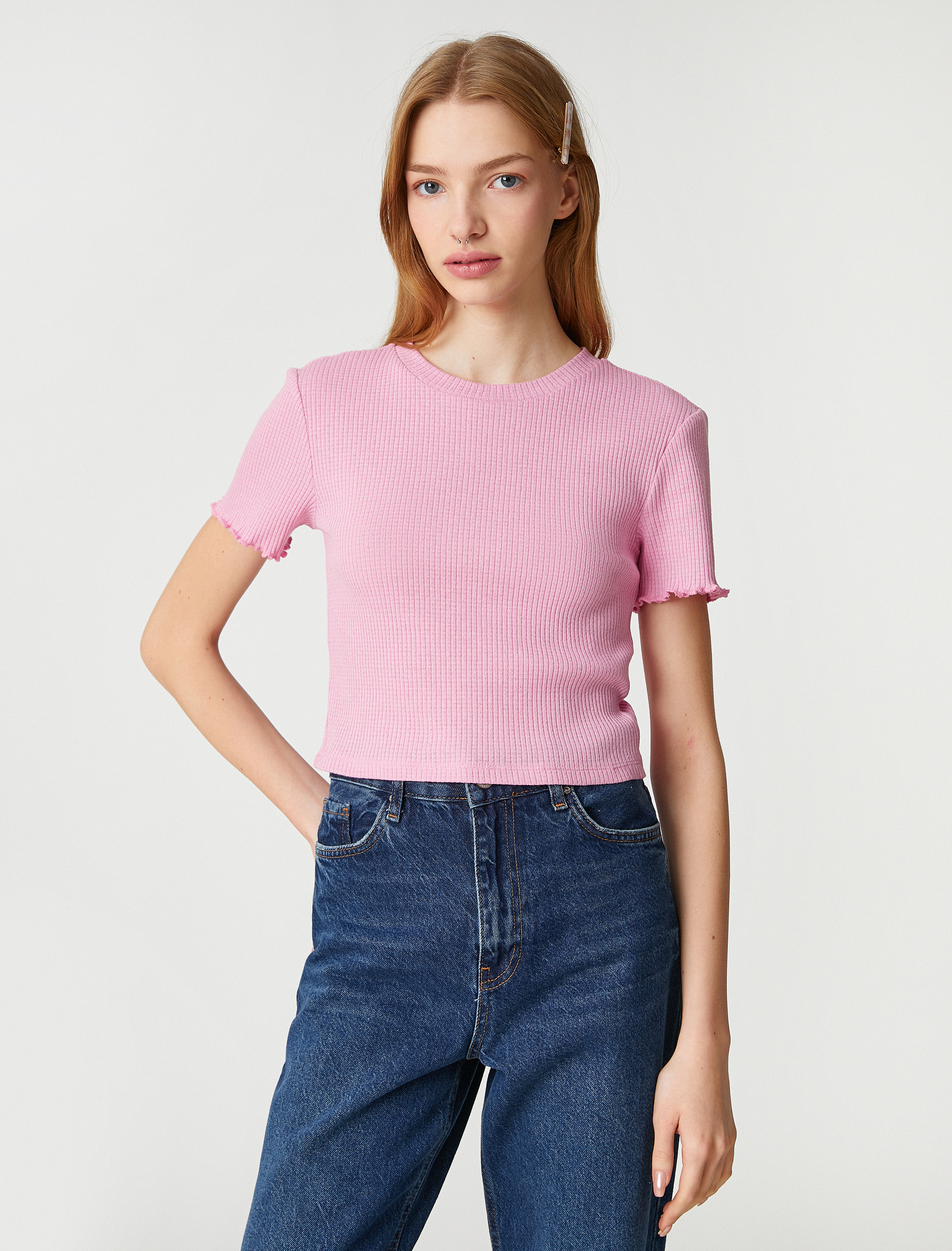   Crop Tişört Kısa Kollu Bisiklet Yaka Dokulu