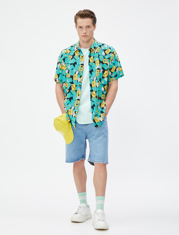  Kısa Kollu Gömlek Kart Baskılı Klasik Yaka