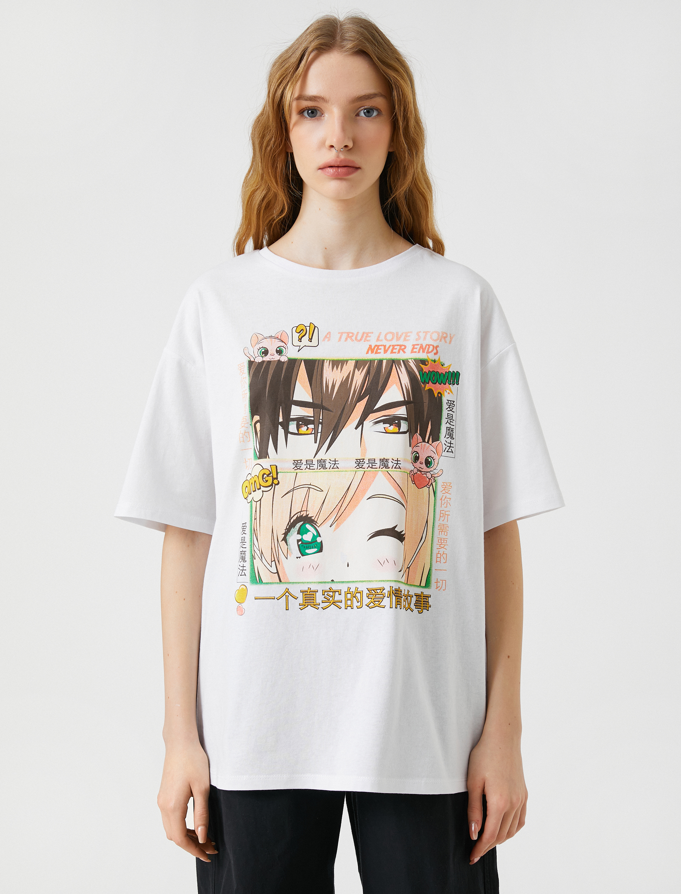   Anime Tişört Oversize Baskılı Kısa Kollu Bisiklet Yaka