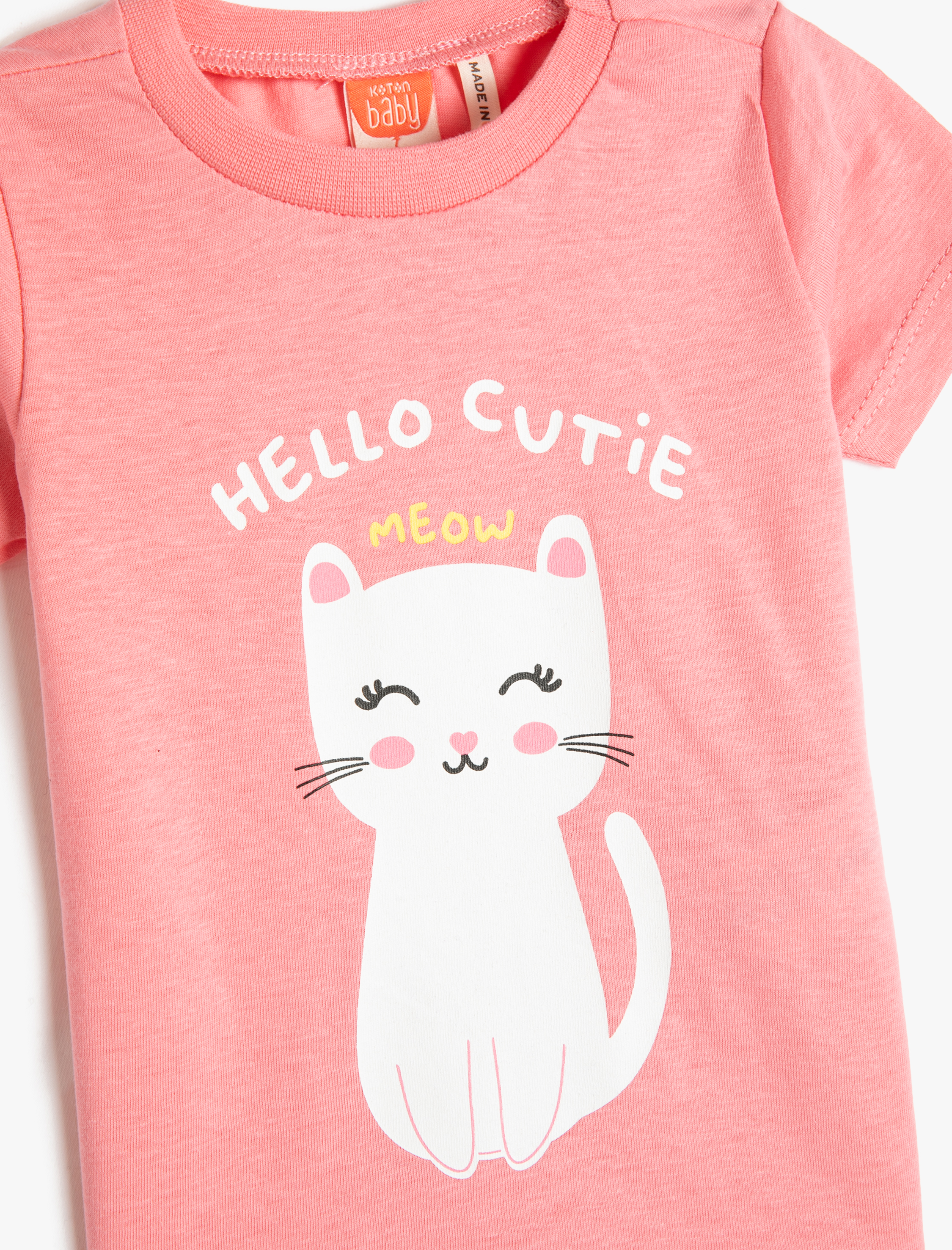 Kız Bebek Kedi Baskılı Kısa Kollu Tişört Bisiklet Yaka Pamuklu