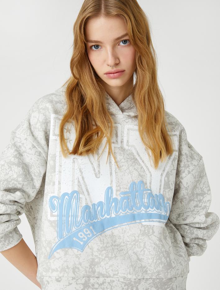  Şardonlu Kapüşonlu Sweatshirt Kolej Baskılı Uzun Kollu