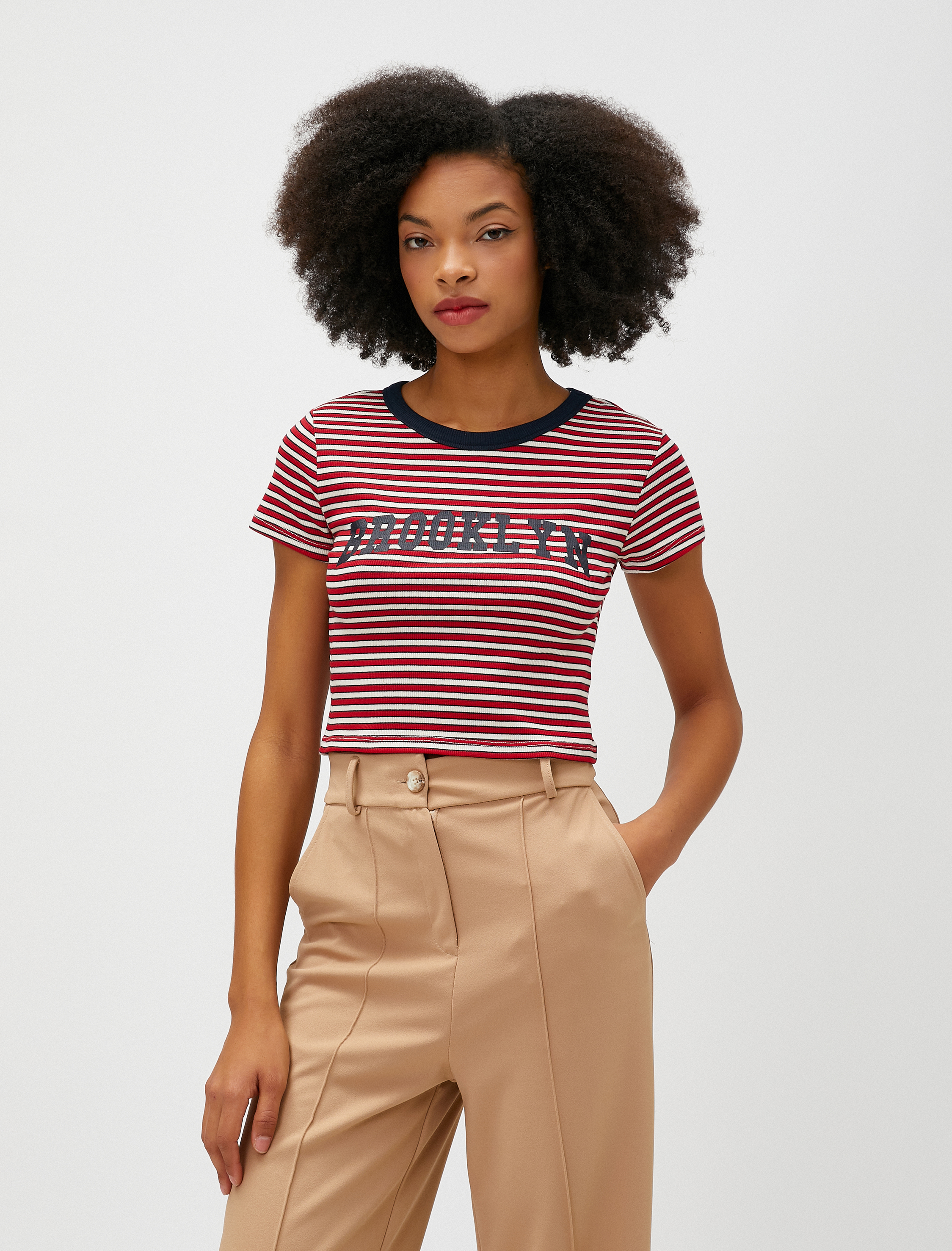   Crop Tişört Baskılı Kısa Kollu Bisiklet Yaka Viskon Karışımlı