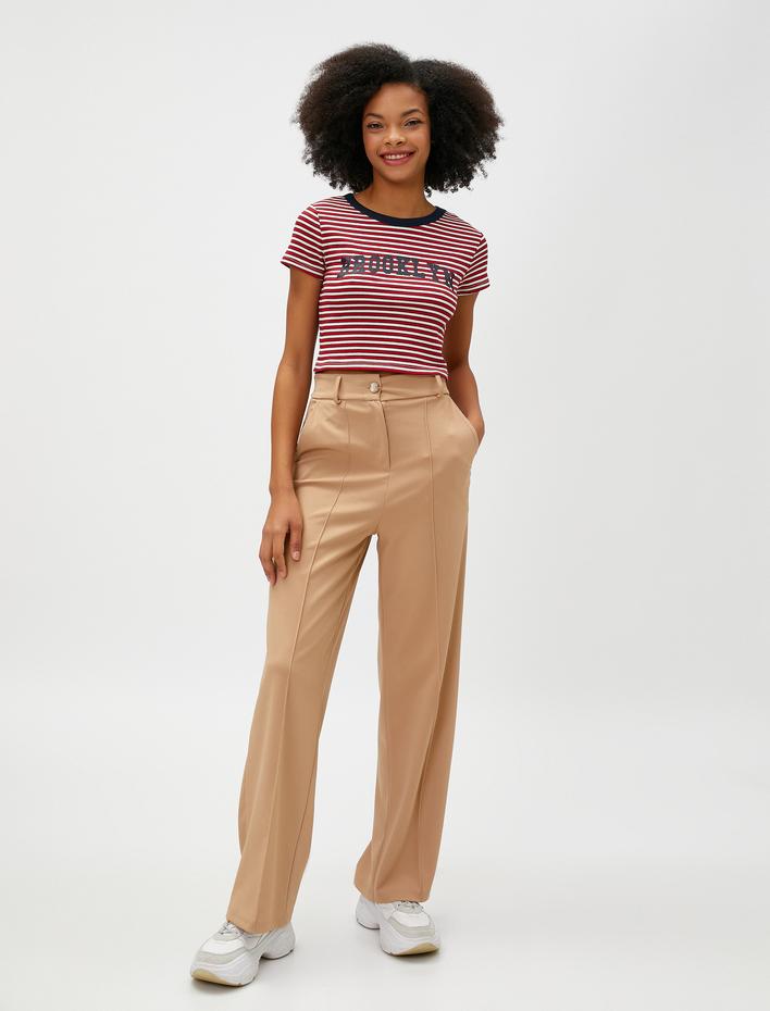  Crop Tişört Baskılı Kısa Kollu Bisiklet Yaka Viskon Karışımlı