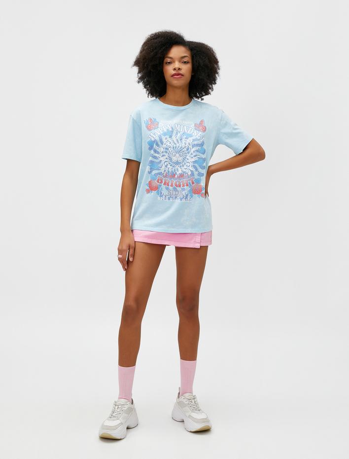  Slogan Baskılı Tişört Kısa Kollu Bisiklet Yaka Pamuklu